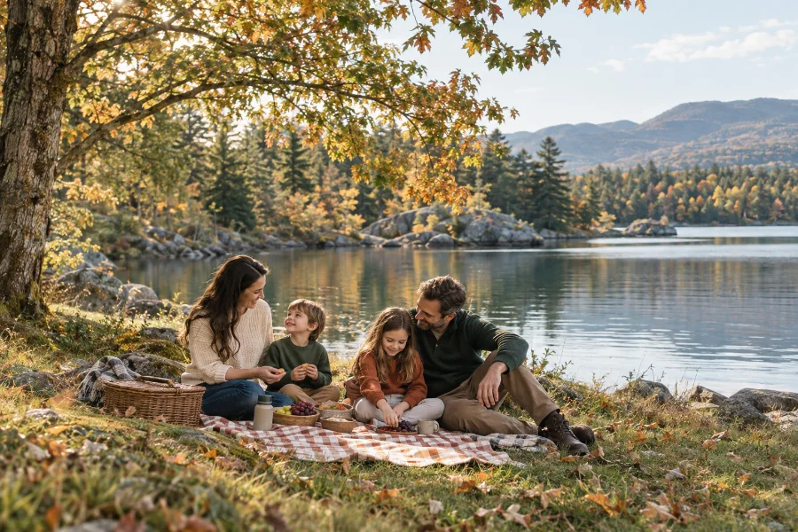 Eine Familie mit zwei Kindern beim Picknick an einem See im Herbst.