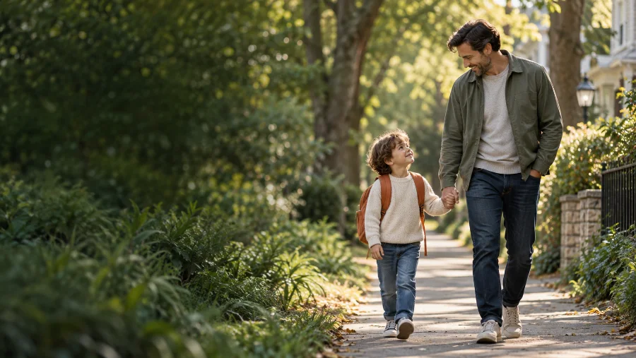 Ein Vater holt seinen Sohn mit Rucksack ab, beide gehen Hand in Hand einen Weg entlang.
